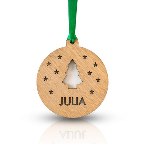 Adorno bola de Navidad de madera modelo Nombre Personalizada Árbol y Estrellas