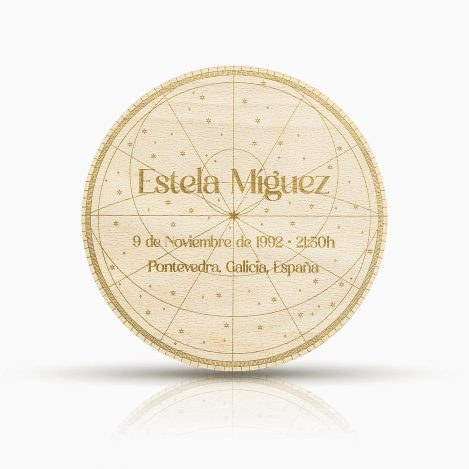 Carta astral personalizada en forma de círculo con nombre, fecha, hora y lugar de nacimiento grabados en madera sobre fondo blanco