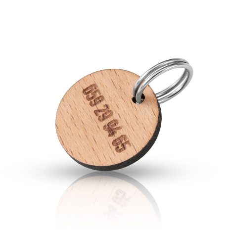 Chapa de madera para mascotas de forma circular con número de teléfono grabado