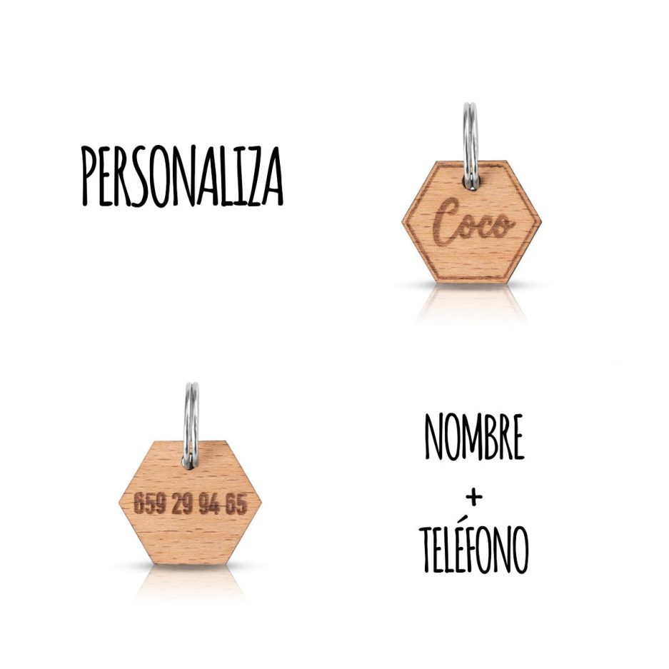 Chapas de madera hexagonales para mascotas con opción de personalización a través del grabado de nombre y teléfono