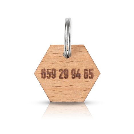 Chapa hexagonal de madera para collar de mascotas con número de teléfono grabado