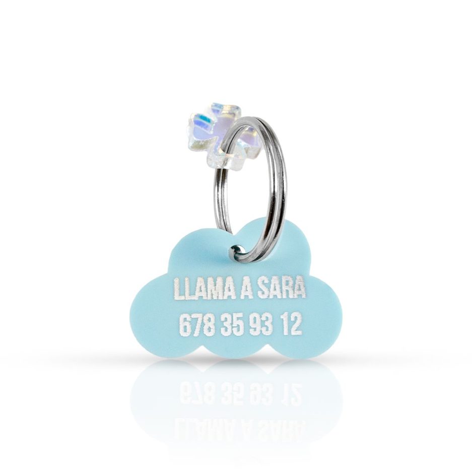 Chapa en forma de nube de metacrilato azul para collar de mascotas con número de teléfono