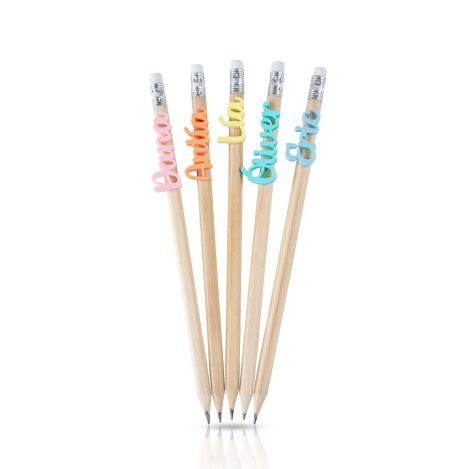 Lápices de madera personalizados con nombre en metacrilato de diferentes colores y goma incorporada