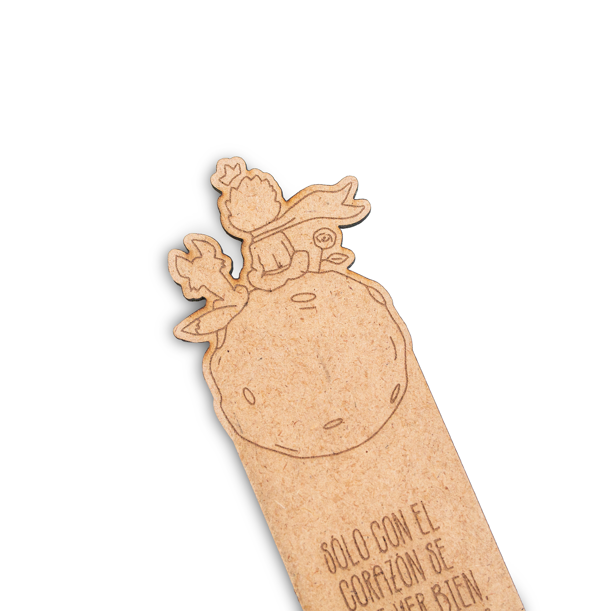El Principito marcapáginas de madera Marcapáginas de madera con los personajes de El Principito grabados en él y una de las frases de el libro, situado sobre fondo blanco