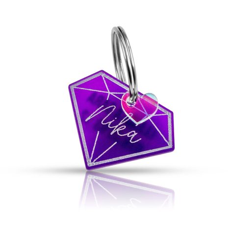 Chapa en forma de diamante personalizada de metacrilato violeta para mascotas