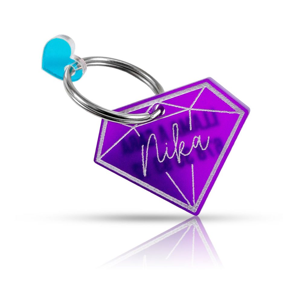  Chapa de metacrilato violeta para collar de mascotas en forma de diamante del modelo Diamante con abalorio