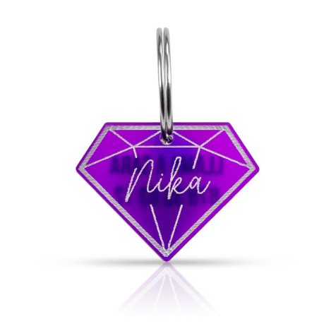 Chapa en forma de diamante personalizada de metacrilato violeta para collar de mascotas en modelo Diamante