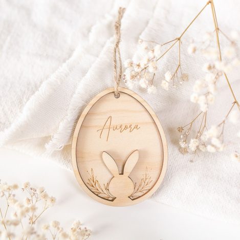 Etiqueta huevo y conejito de madera para personalizar con nombre