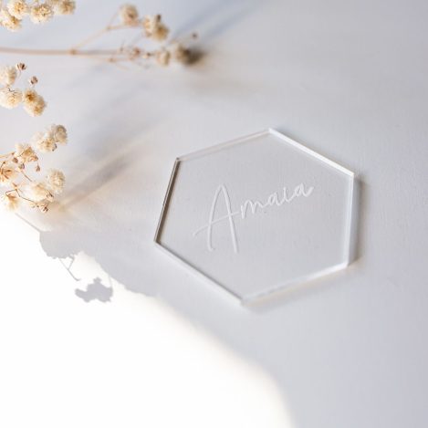 Marca sitios de metacrilato transparente modelo Hexa Clear